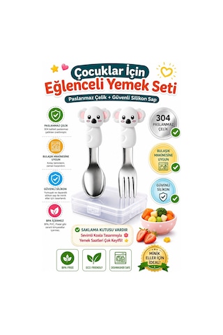 Koala Figürlü Açık Gri Premium Çocuk Bpa Free Silikon Saplı Paslanmaz Çelik Uçlu Çatal-kaşık, 9+ Ay