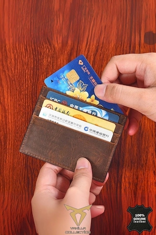 Orijinal Hakiki Deri Süper Ince Model Unisex Kartlık Kartvizitlik Portföy Otomatik Kartlık Hediyeli Kahverengi