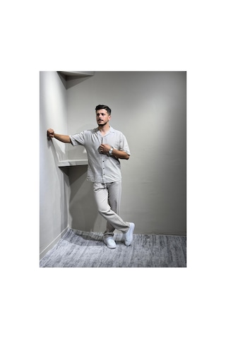 Gömlek Pantolon Erkek Keten Takım Oversize Kalıp Taş
