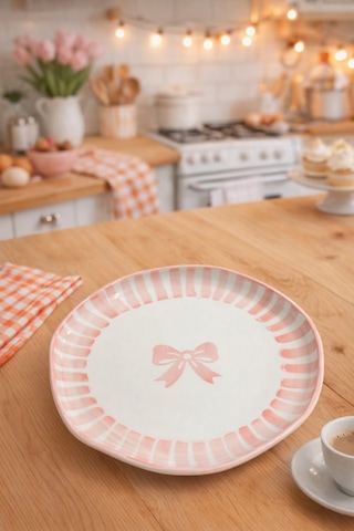 1 Adet Fiyonk Desenli Pembe Çizgili Pasta Tabağı- 21 Cm Çok Renk