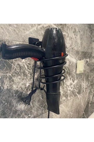 Ollevra Kendiliğinden Yapışkanlı Siyah Paslanmaz Metal Fön Makinesi Askısı Saç Kurutma Makinesi Tutacağı Siyah
