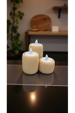 3 Lü Tealight Mumluk Seti Dekoratif Modern Silindir Tasarım-lüks Tasarım- Dekoratif Işık Seti Krem
