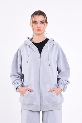 Comeor Gri Kanguru Cepli Kapüşonlu Fermuarlı Oversize Kadın Sweatshirt Cmrb73-gri Gri
