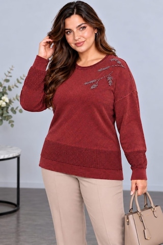Cedy Denim Cedy Denım Kadın Bisiklet Yaka Dal Yaprak İşlemeli Taş Detaylı Dokulu Triko Kazak C27061 Bordo