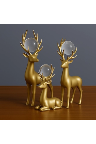 Gold Boynuzlu 3 Lü Dekoratif Geyik Kristal Küre 32 X 15