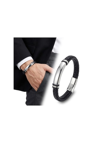 Moncuk Design İsim Yazılabilir Siyah Deri Ve Beyaz Titanyum Kilit Bileklik 33513b15d3
