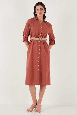 Lela Pamuklu Regular Fit Kemerli Midi Boy Gömlek Bayan Elbise 67810301 Camel