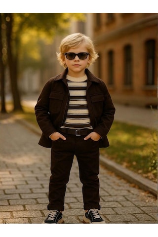 Zekids Erkek Çocuk Kemerli Gabardin Pantolon-16347 Kahverengi