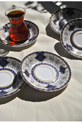 6'lı Porselen Çay Tabağı Altın İşlemeli Gold 12 Cm Çay Tabak Seti - Parya Lacivert