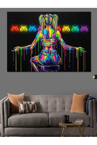 Neon Işıklı Kadın Ve Emojiler İllüstrasyonu Dekoratif Kanvas - Mdf Ahşap Tablo