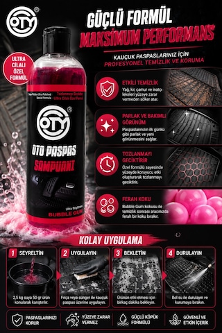 Oto Paspas Şampuanı 400 Ml Bubble Gum Kokulu Kauçuk Paspas Temizleyici, Parlatıcı Ve Bakım Şampuanı Güçlü Temizlik, Tozlanmayı Geciktiren Özel Formül