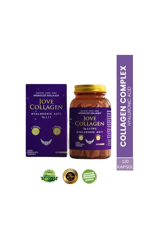 Jove Collagen Komplex Kollajen Tip 1-2-3 Hidrolize Kollajen peptit Hyaluronik Asit C ve D3 Vit 120 Kapsül