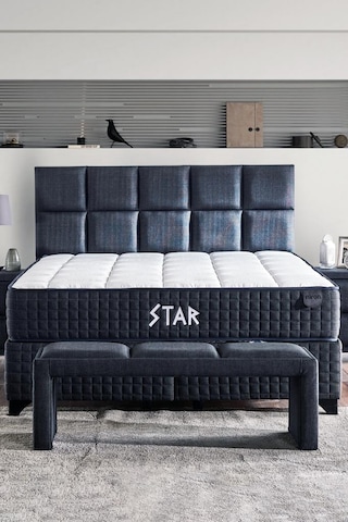 Star Yatak Seti 200x200 Cm Çift Kişilik Yaylı Sert Ortopedik Yatak Antrasit Lüks Baza Başlık Takımı