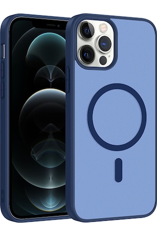 Ardemix Apple iPhone Uyumlu 12 Pro Kılıf M-safe Şarj Özellikli Zore Babet Kapak - Mavi