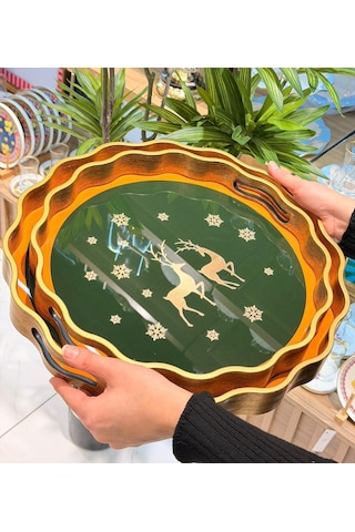 2li Deer Green Papatya Lüks Tepsi-5500 Çok Renkli