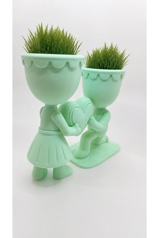 3d Baskı Aşk Saksısı - Kalp Tutan Çift Figürlü Dekoratif Saksı - Mint -