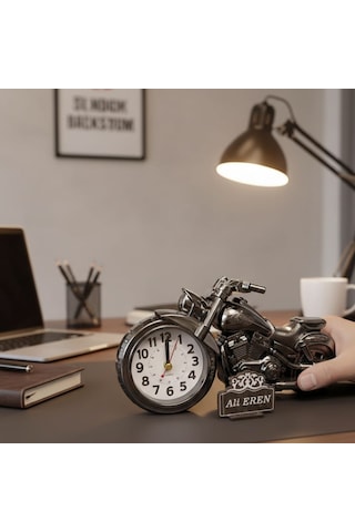 Kişiye Özel Motorsiklet Analog Masa Saati Gri - Gümüş