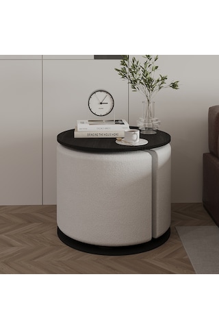 Vexana Puflu Yan Sehpa Saklanabilir Puflu Servis Sehpası Ahşap Siyah