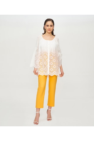Kadın Pamuk Gömlek Ajurlu Detaylı, Rahat Kalıp Yazlık Tasarım Ekru
