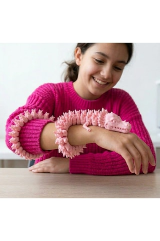 Hareketli Eklemli Yeşil Ejderha Figürü - 46 Cm Stres Oyuncağı - Esnek Eğitici Hayvan Figürü- Pembe