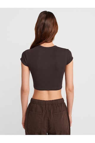 Dilvin 31810 Bisiklet Yaka Crop T-shirt-koyu Kahve Koyu Kahve