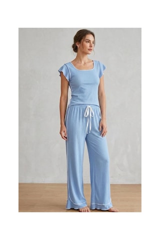 Fit Women Fırfır Detaylı Bürümcük Kumaşlı Kısa Kollu Pijama Takımı 6022 Mavi