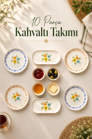 10 Parça 4 Kişilik Rosalia Stoneware Kahvaltı Takımı - Özel Desenli Kahvaltılık Servis Sunum Seti Çok Renkli