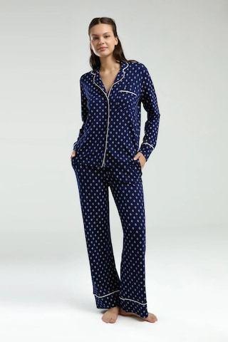 Pierre Cardin Boydan Düğmeli, Uzunkol Desenli Pijama Takım, Kutulu Çeyizlik Pijama Takım, %96 Viskon Lacivert