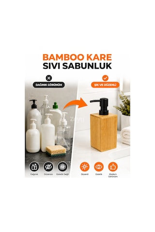 Bamboo Kare Sıvı Sabunluk Doğal Bambu, Siyah Pompalı, Yeniden Doldurulabilir Banyo & Mutfak Sabun Ve Losyon Dispenseri