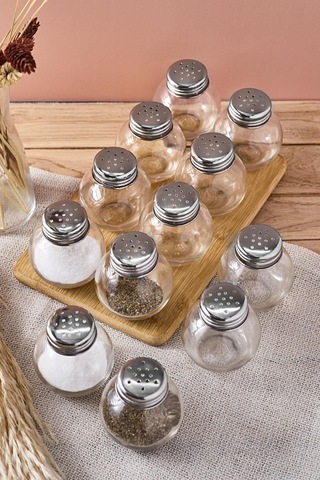 Salty Cam 12'li Tombik Tuzluk Seti 50 Ml Tek Kişilik Tuzluk-karabiberlik Seti Paslanmaz Çelik Kapak Seffaf Şeffaf
