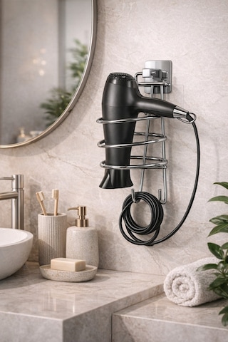 Alper Banyo Krom Kare Fön Makinesi Askısı Saç Kurutma Makinesi Tutacağı Yapışkanlı