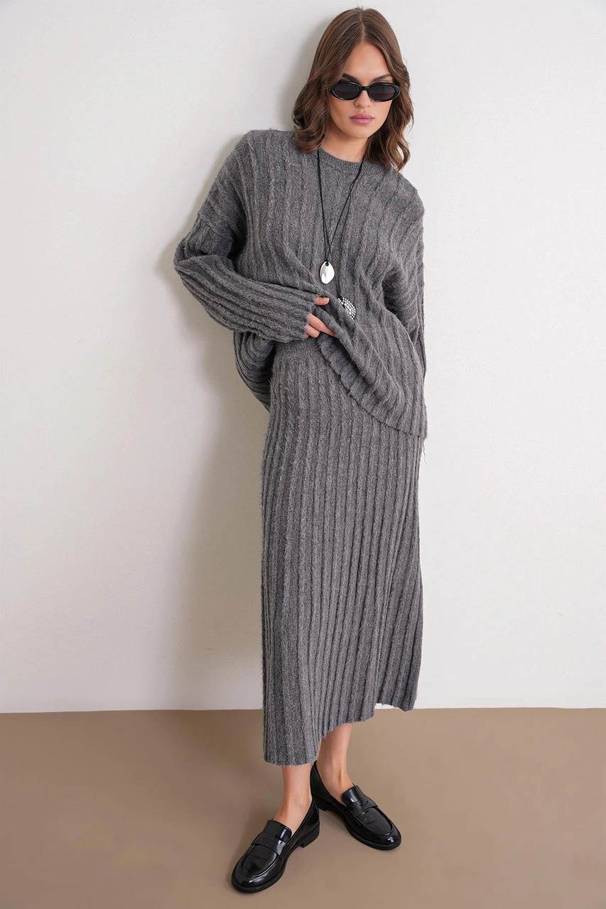 6960 Kadın Saç Örgülü Yumuşak Dokulu Triko Alt Üst Takım Antrasit Antrasit