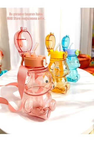 Sevimli Ayıcık Figürlü Su Matarası - Ayıcıklı Smile Şeffaf Suluk Okul Su Şişesi 700ml Pembe Plastik Diğer