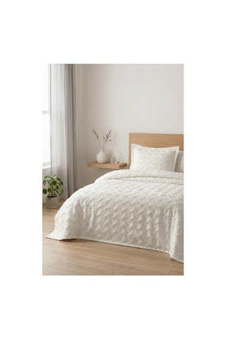 Tek Kişilik Yatak Örtüsü 180 X 260 Cm Valonlu Model 1 Adet 50 X 70 Yastık Kılıfı Ekru-ekru