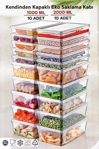 Ny Home 20'li Set Kendinden Kapaklı Derin Dondurucuya Uygun Saklama Kabı 1 Lt. Ve 2 Lt.