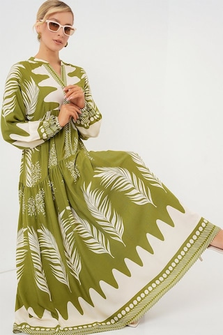 2423 Otantik Desenli Tesettür Elbise - Mint Yeşili Mint Yeşili