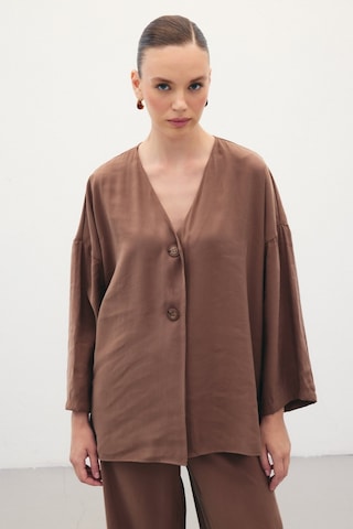 Sateen Düğmeli Kimono - Kahve-136354 Kahve