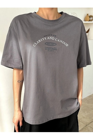 Flood Of Style Kadın Füme Clarity And Candor Baskılı Oversize T-shirt Gri