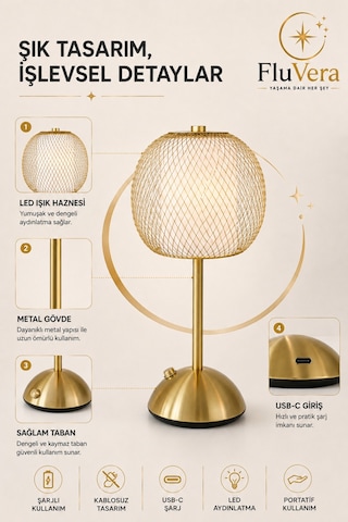 Gold Telli Şarjlı Masa Lambası Kablosuz Led Gece Lambası Usb-c Şarjlı Dekoratif Taşınabilir Lamba Altın