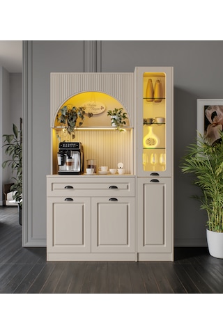 Siena Kum Beji Midi Sağ Vitrinli 130 Cm Komple Mdf Led Aydınlatmalı Kahve Köşesi
