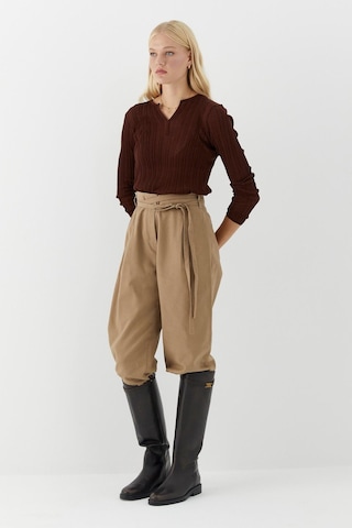 Kemer Detaylı Yüksek Bel Palazzo Pantolon Bej Bej