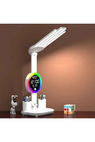 Monozone Rgb Şarjlı Led Masa Lambası Fanlı 4başlı Lamba Rgb Saat Ekranlı Kısılabilir Çalışma Lambası Beyaz