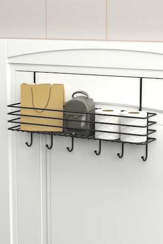 Kapı Arkası Sepetli Askılık Metal Duvar Elbise Askılığı Portmanto Organizer Askı Siyah