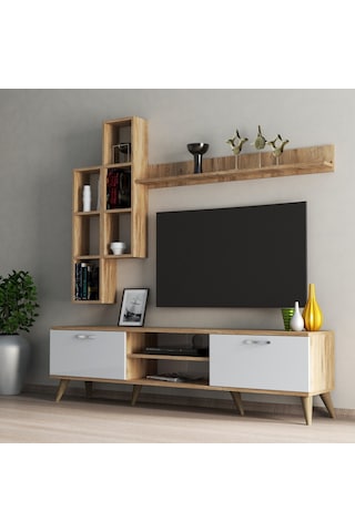 Mega 180 Lik Kitaplıklı Raflı Tv Ünitesi Çam-Beyaz - Tvu0303
