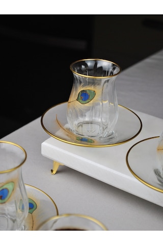 12 Parça 6 Kişilik Lüx Cam Çay Seti Gold Detaylı Altın Renk İşlemeli Lüks Çay Takımı Altın