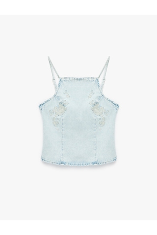 Koton Kare Yaka Nakışlı Sırt Detaylı Kolsuz Denim Bluz Açık İndigo 6sal30023md