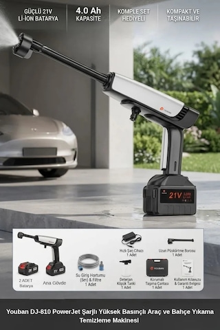 Dj-810 Yüksek Basınçlı Şarjlı Araç Ve Bahçe Yıkama Makinesi 30 Bar 2 Bataryalı Güçlü Motor 0 - 1 Saat