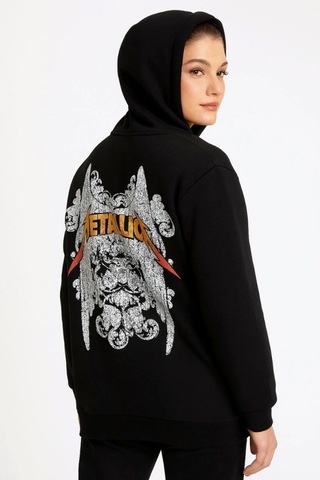 Suma Metallica İki İplik Kapüşonlu Ön Ve Arka Baskılı Hoodie - Siyah Sİyah