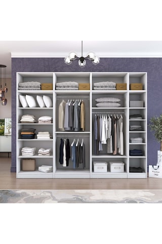 Rani Ba215 Geniş Gardırop Elbise Dolabı 14 Kapaklı 12 Raflı 3 Askılı Modüler Dolap Beyaz