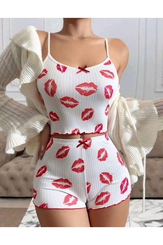 Motto10 Butik Kadın Beyaz Dudak Desenli Seksi Gecelik Takım 5021